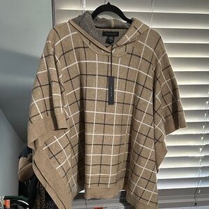 Women’s Tan Plaid Sweater Poncho with hood